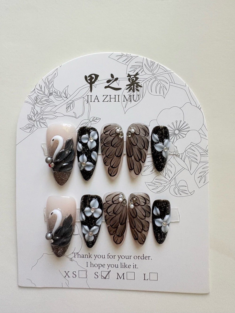 Handmade Black Swan Press On Nails 3D Floral Rhinestone Gothic Wing False Nails